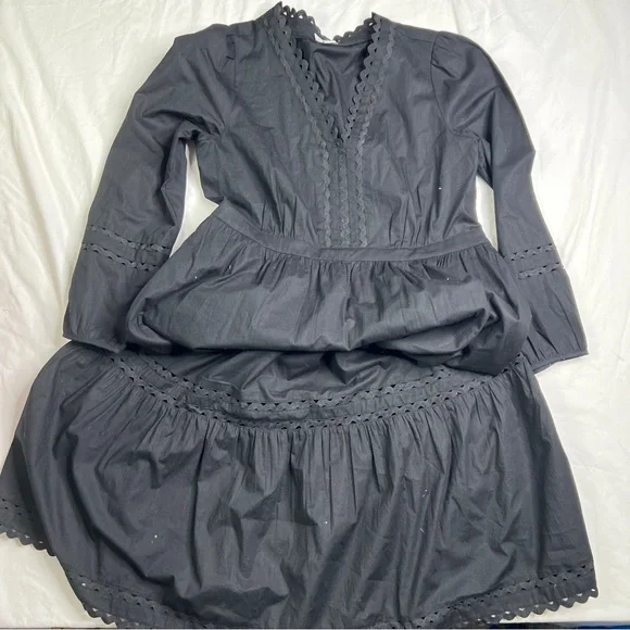 J Crew Midi Dress XS Cotton Blend Black Ruffle 3/4 Sleeve Scalloped Edge A051023 - Picture 1 of 8